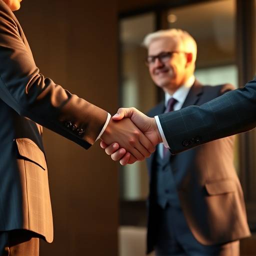 Dos profesionales d√°ndose la mano despu√©s de una negociaci√≥n exitosa.
