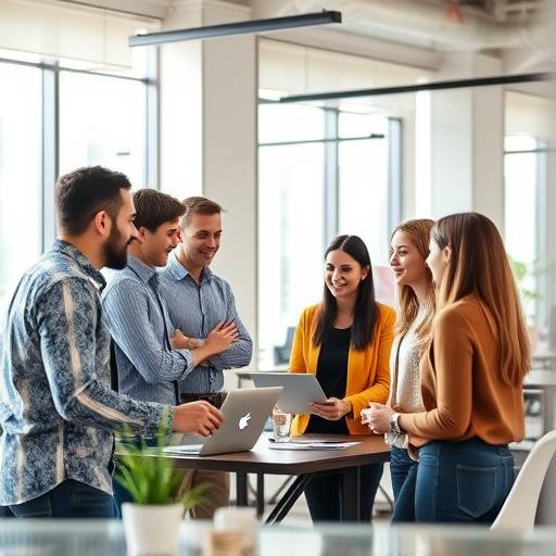 Un equipo diverso trabajando colaborativamente en una oficina moderna, compartiendo ideas y estrategias.